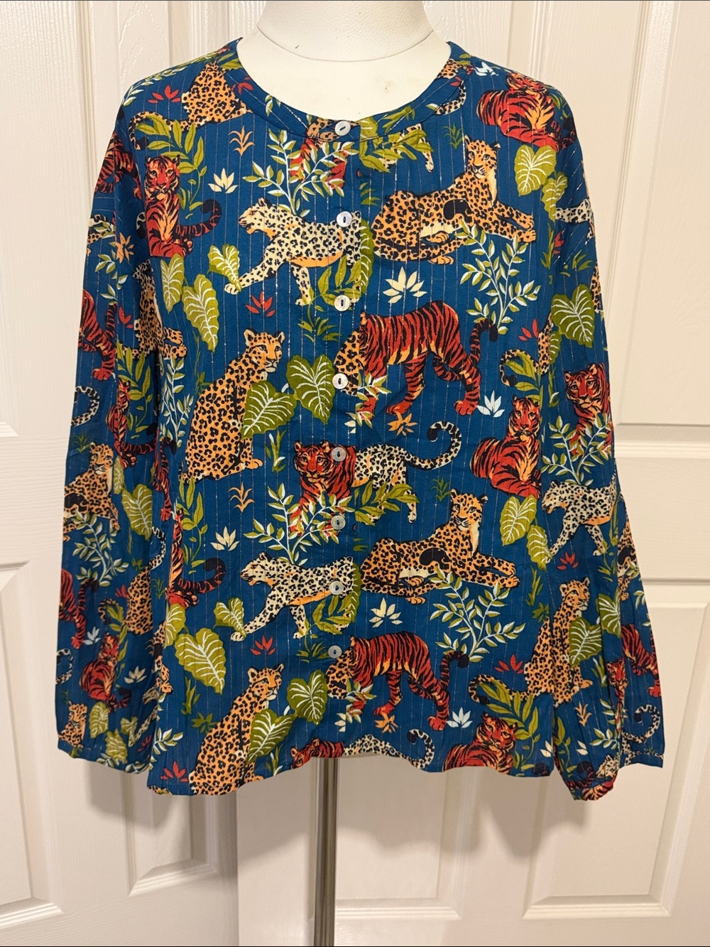 Printfresh Jungle Animal Metallic Thread Button-Front Pajama Shirt